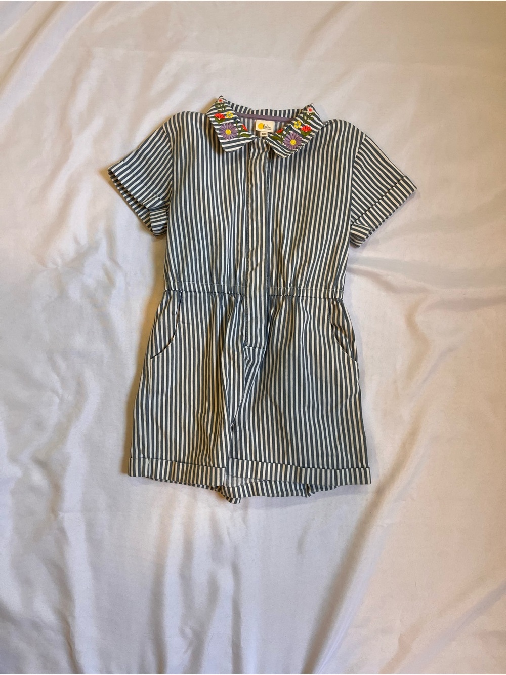 Mini Boden Navy & White Striped Romper Dress with Embroidered Collar